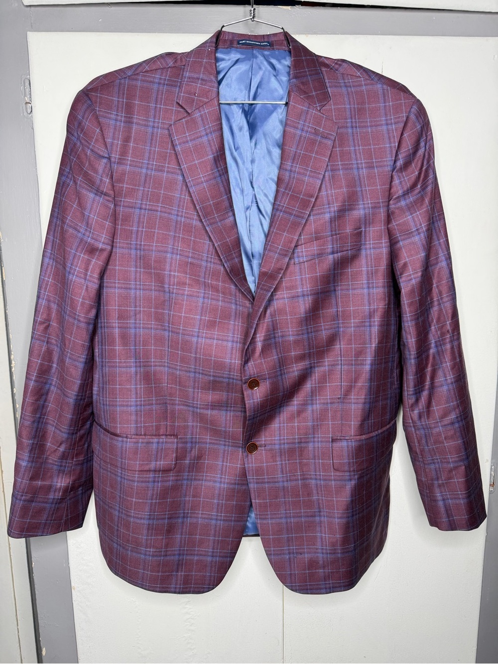 Hart Schaffner Marx Men Burgundy and Blue Plaid windowpane Sport Coat 46L